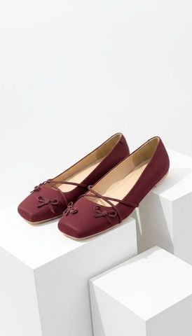 Giày Búp Bê Nơ Đan Dây Chéo Tiểu Thư Merly 1653 Đỏ Burgundy, Giày Bệt Mũi Vuông Đính Nơ Xinh, Giày Búp Bê Quai Ngang, Giày Búp Bê Big Size 35-43