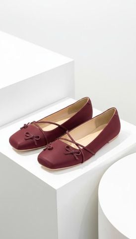 Giày Búp Bê Nơ Đan Dây Chéo Tiểu Thư Merly 1653 Đỏ Burgundy, Giày Bệt Mũi Vuông Đính Nơ Xinh, Giày Búp Bê Quai Ngang, Giày Búp Bê Big Size 35-43