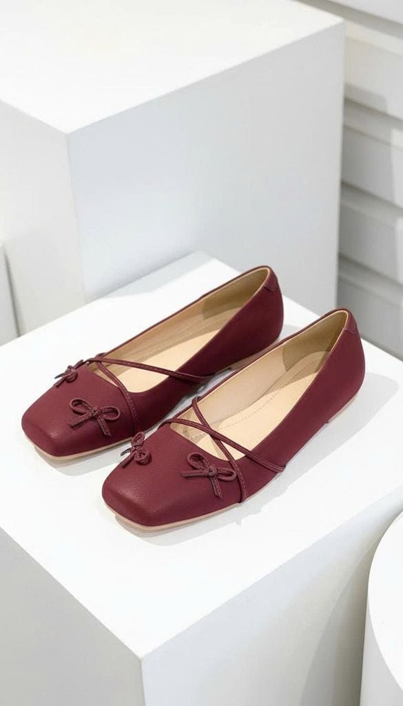 Giày Búp Bê Nơ Đan Dây Chéo Tiểu Thư Merly 1653 Đỏ Burgundy, Giày Bệt Mũi Vuông Đính Nơ Xinh, Giày Búp Bê Quai Ngang, Giày Búp Bê Big Size 35-43