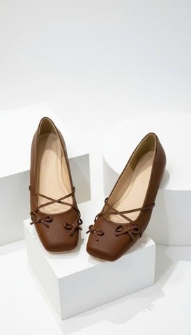 Giày Búp Bê Nơ Đan Dây Chéo Tiểu Thư Merly 1653 Nâu Choco, Giày Bệt Mũi Vuông Đính Nơ Xinh, Giày Búp Bê Quai Ngang, Giày Búp Bê Big Size 35-43