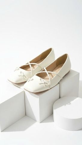 Giày Búp Bê Nơ Đan Dây Chéo Tiểu Thư Merly 1653 Trắng Kem Ivory, Giày Bệt Mũi Vuông Đính Nơ Xinh, Giày Búp Bê Quai Ngang, Giày Búp Bê Big Size 35-43