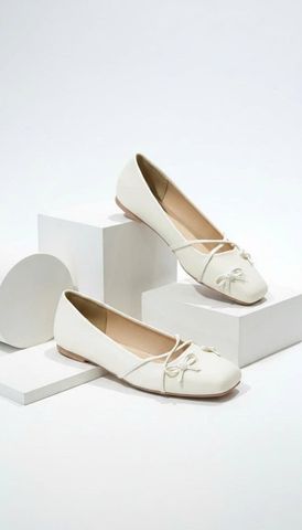 Giày Búp Bê Nơ Đan Dây Chéo Tiểu Thư Merly 1653 Trắng Kem Ivory, Giày Bệt Mũi Vuông Đính Nơ Xinh, Giày Búp Bê Quai Ngang, Giày Búp Bê Big Size 35-43