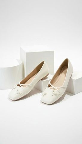 Giày Búp Bê Nơ Đan Dây Chéo Tiểu Thư Merly 1653 Trắng Kem Ivory, Giày Bệt Mũi Vuông Đính Nơ Xinh, Giày Búp Bê Quai Ngang, Giày Búp Bê Big Size 35-43