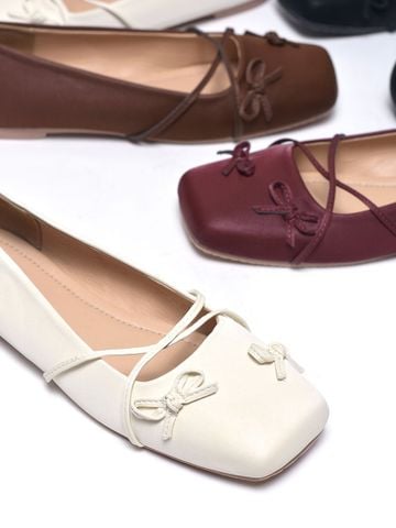 Giày Búp Bê Nơ Đan Dây Chéo Tiểu Thư Merly 1653 Trắng Kem Ivory, Giày Bệt Mũi Vuông Đính Nơ Xinh, Giày Búp Bê Quai Ngang, Giày Búp Bê Big Size 35-43