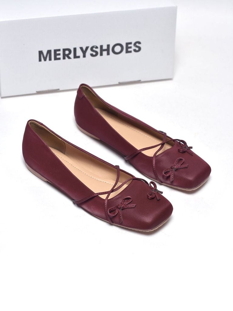 Giày Búp Bê Nơ Đan Dây Chéo Tiểu Thư Merly 1653 Đỏ Burgundy, Giày Bệt Mũi Vuông Đính Nơ Xinh, Giày Búp Bê Quai Ngang, Giày Búp Bê Big Size 35-43