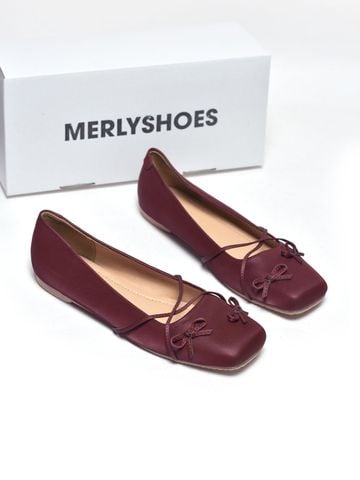 Giày Búp Bê Nơ Đan Dây Chéo Tiểu Thư Merly 1653 Đỏ Burgundy, Giày Bệt Mũi Vuông Đính Nơ Xinh, Giày Búp Bê Quai Ngang, Giày Búp Bê Big Size 35-43