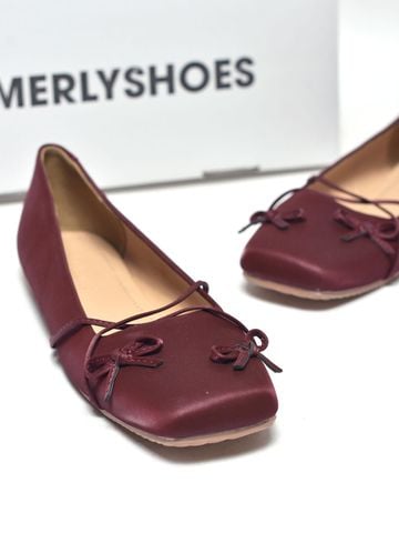Giày Búp Bê Nơ Đan Dây Chéo Tiểu Thư Merly 1653 Đỏ Burgundy, Giày Bệt Mũi Vuông Đính Nơ Xinh, Giày Búp Bê Quai Ngang, Giày Búp Bê Big Size 35-43
