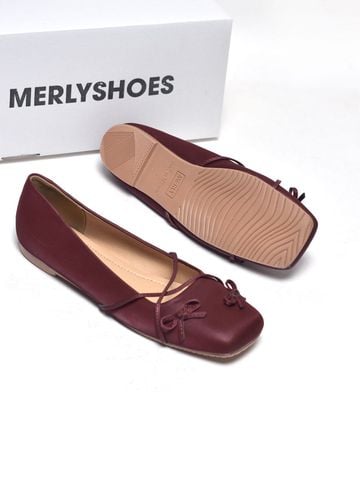 Giày Búp Bê Nơ Đan Dây Chéo Tiểu Thư Merly 1653 Đỏ Burgundy, Giày Bệt Mũi Vuông Đính Nơ Xinh, Giày Búp Bê Quai Ngang, Giày Búp Bê Big Size 35-43