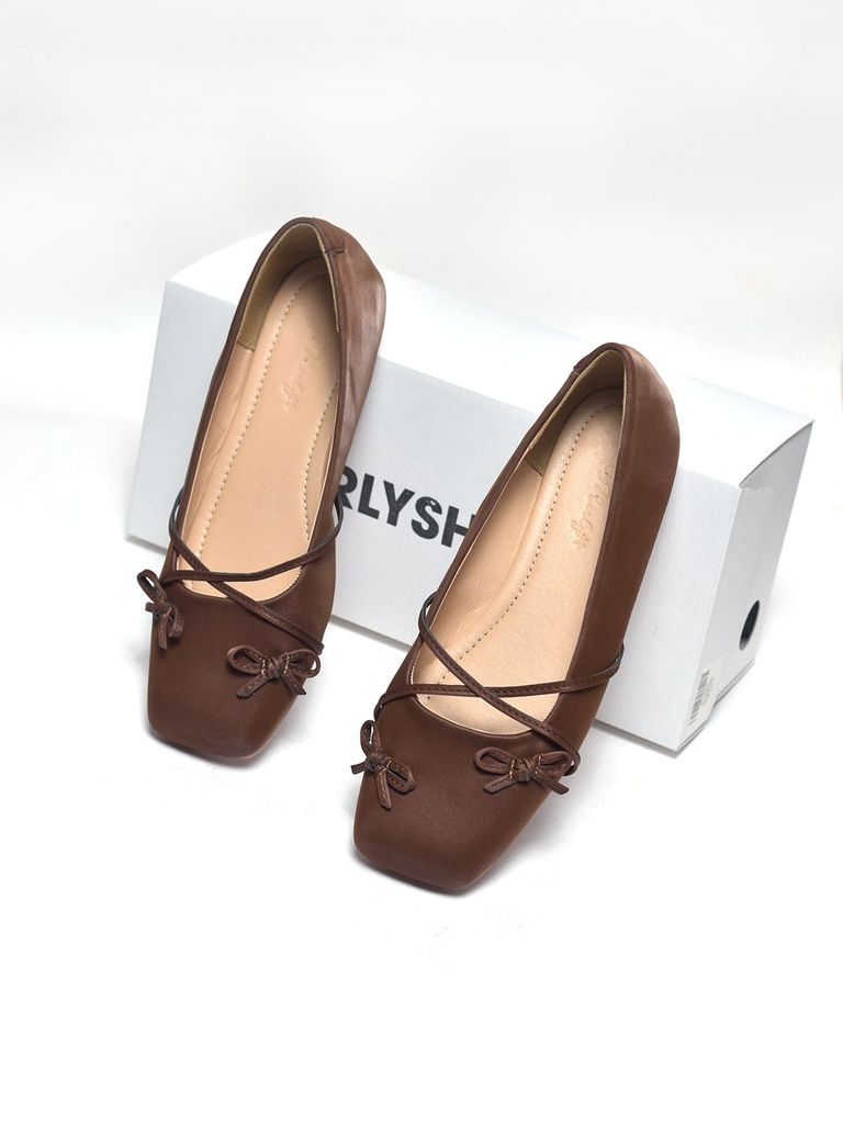 Giày Búp Bê Nơ Đan Dây Chéo Tiểu Thư Merly 1653 Nâu Choco, Giày Bệt Mũi Vuông Đính Nơ Xinh, Giày Búp Bê Quai Ngang, Giày Búp Bê Big Size 35-43