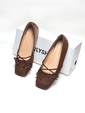 Giày Búp Bê Nơ Đan Dây Chéo Tiểu Thư Merly 1653 Nâu Choco, Giày Bệt Mũi Vuông Đính Nơ Xinh, Giày Búp Bê Quai Ngang, Giày Búp Bê Big Size 35-43