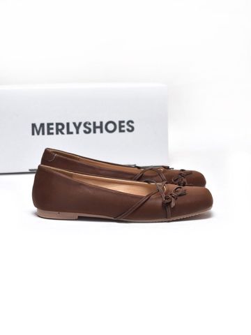 Giày Búp Bê Nơ Đan Dây Chéo Tiểu Thư Merly 1653 Nâu Choco, Giày Bệt Mũi Vuông Đính Nơ Xinh, Giày Búp Bê Quai Ngang, Giày Búp Bê Big Size 35-43