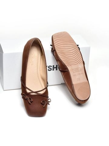 Giày Búp Bê Nơ Đan Dây Chéo Tiểu Thư Merly 1653 Nâu Choco, Giày Bệt Mũi Vuông Đính Nơ Xinh, Giày Búp Bê Quai Ngang, Giày Búp Bê Big Size 35-43