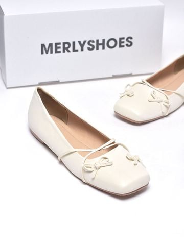 Giày Búp Bê Nơ Đan Dây Chéo Tiểu Thư Merly 1653 Trắng Kem Ivory, Giày Bệt Mũi Vuông Đính Nơ Xinh, Giày Búp Bê Quai Ngang, Giày Búp Bê Big Size 35-43