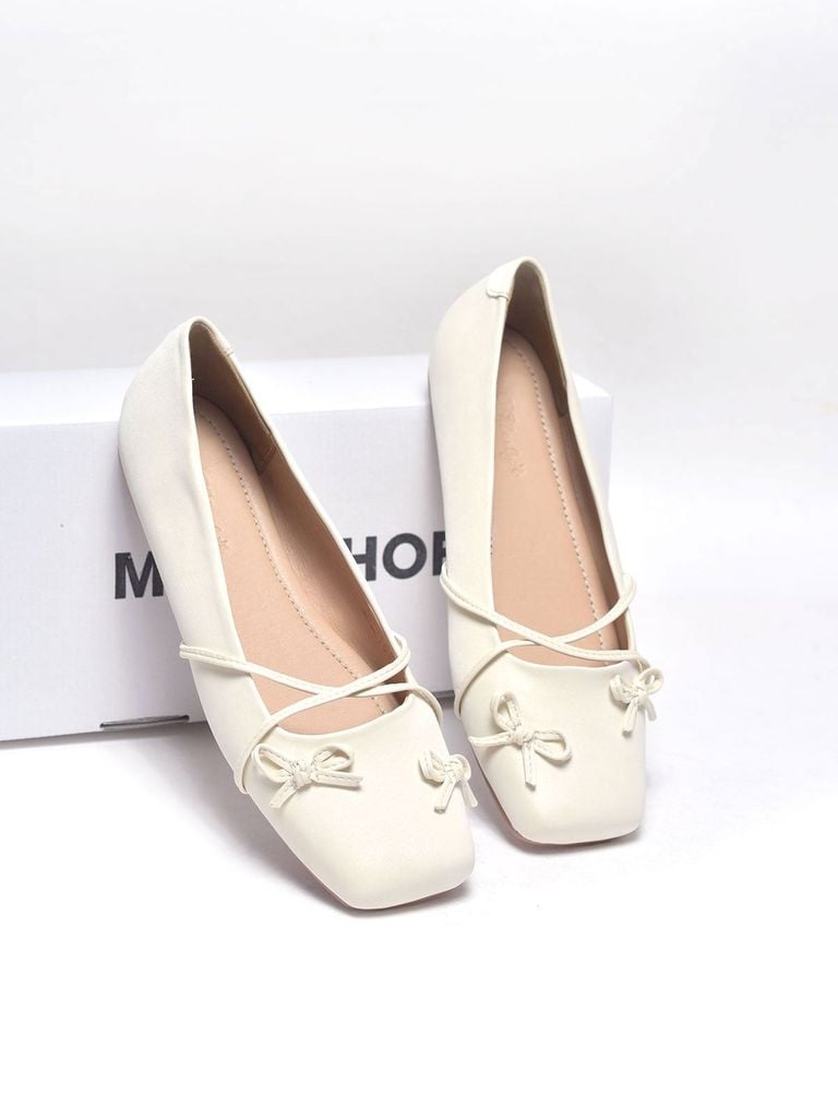 Giày Búp Bê Nơ Đan Dây Chéo Tiểu Thư Merly 1653 Trắng Kem Ivory, Giày Bệt Mũi Vuông Đính Nơ Xinh, Giày Búp Bê Quai Ngang, Giày Búp Bê Big Size 35-43