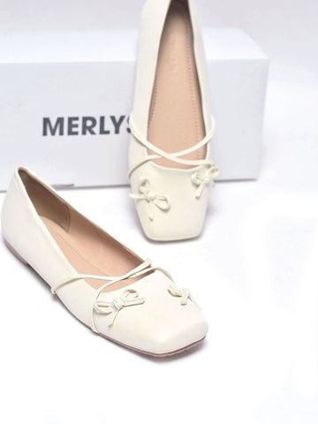 Giày Búp Bê Nơ Đan Dây Chéo Tiểu Thư Merly 1653 Trắng Kem Ivory, Giày Bệt Mũi Vuông Đính Nơ Xinh, Giày Búp Bê Quai Ngang, Giày Búp Bê Big Size 35-43