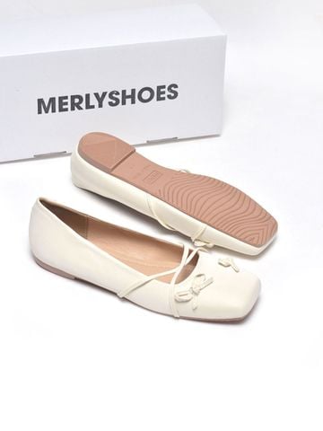 Giày Búp Bê Nơ Đan Dây Chéo Tiểu Thư Merly 1653 Trắng Kem Ivory, Giày Bệt Mũi Vuông Đính Nơ Xinh, Giày Búp Bê Quai Ngang, Giày Búp Bê Big Size 35-43