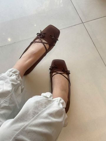 Giày Búp Bê Nơ Đan Dây Chéo Tiểu Thư Merly 1653 Nâu Choco, Giày Bệt Mũi Vuông Đính Nơ Xinh, Giày Búp Bê Quai Ngang, Giày Búp Bê Big Size 35-43