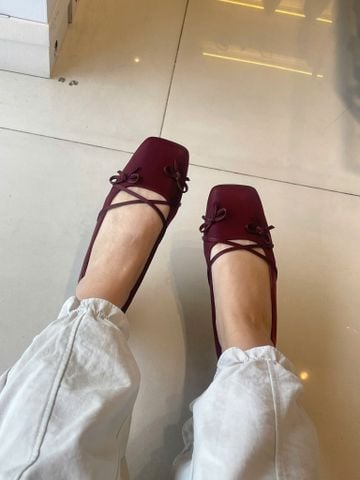 Giày Búp Bê Nơ Đan Dây Chéo Tiểu Thư Merly 1653 Đỏ Burgundy, Giày Bệt Mũi Vuông Đính Nơ Xinh, Giày Búp Bê Quai Ngang, Giày Búp Bê Big Size 35-43