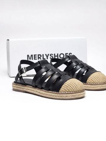 Sandal Nữ Rọ Đan Cói Raffia Vibe Mùa Hè Thương Hiệu MERLY 1657 Đen Huyền – Giày Sandal Bigsize 35–43, Sandal Nữ Bệt, Sandal Đi Biển, Dép Sandal Rọ Bít Mũi