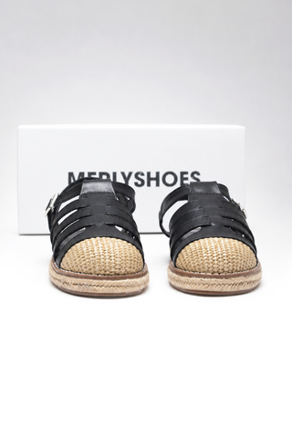 Sandal Nữ Rọ Đan Cói Raffia Vibe Mùa Hè Thương Hiệu MERLY 1657 Đen Huyền – Giày Sandal Bigsize 35–43, Sandal Nữ Bệt, Sandal Đi Biển, Dép Sandal Rọ Bít Mũi