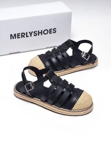 Sandal Nữ Rọ Đan Cói Raffia Vibe Mùa Hè Thương Hiệu MERLY 1657 Đen Huyền – Giày Sandal Bigsize 35–43, Sandal Nữ Bệt, Sandal Đi Biển, Dép Sandal Rọ Bít Mũi