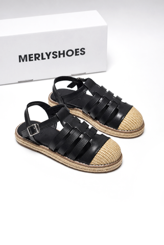 Sandal Nữ Rọ Đan Cói Raffia Vibe Mùa Hè Thương Hiệu MERLY 1657 Đen Huyền – Giày Sandal Bigsize 35–43, Sandal Nữ Bệt, Sandal Đi Biển, Dép Sandal Rọ Bít Mũi