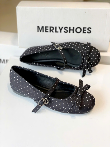 Giày Búp Bê Quai Ngang Đen Chấm Bi Cổ Điển Merly 1658, Giày Búp Bê Big Size 35-43, Giày Búp Bê Mũi Tròn Đế Bám Nền Chống Trơn, Giày Bệt, Giày Chấm Bi