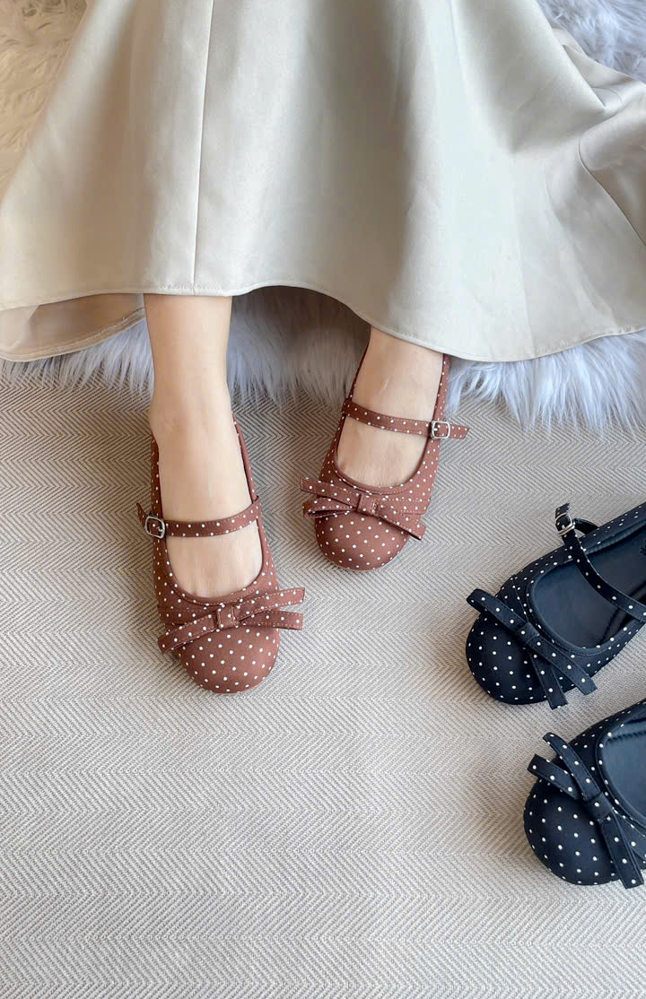 Giày Búp Bê Quai Ngang Nâu Chấm Bi Cổ Điển Merly 1658, Giày Búp Bê Big Size 35-43, Giày Búp Bê Mũi Tròn Đế Bám Nền Chống Trơn, Giày Bệt, Giày Chấm Bi