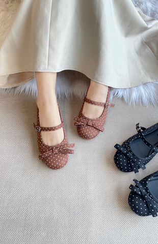 Giày Búp Bê Quai Ngang Nâu Chấm Bi Cổ Điển Merly 1658, Giày Búp Bê Big Size 35-43, Giày Búp Bê Mũi Tròn Đế Bám Nền Chống Trơn, Giày Bệt, Giày Chấm Bi