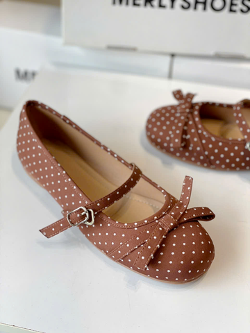 Giày Búp Bê Quai Ngang Nâu Chấm Bi Cổ Điển Merly 1658, Giày Búp Bê Big Size 35-43, Giày Búp Bê Mũi Tròn Đế Bám Nền Chống Trơn, Giày Bệt, Giày Chấm Bi