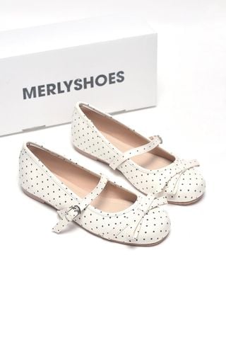 [New Arrivals] Giày Búp Bê Quai Ngang Trắng Chấm Bi Cổ Điển Merly 1658, Giày Búp Bê Bigsize 35-43, Giày Búp Bê Mũi Tròn Đế Bám Nền Chống Trơn, Giày Bệt, Giày Búp Bê Trắng Chấm Bi