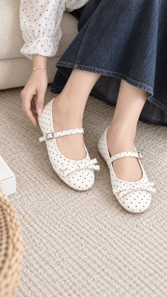 [New Arrivals] Giày Búp Bê Quai Ngang Trắng Chấm Bi Cổ Điển Merly 1658, Giày Búp Bê Bigsize 35-43, Giày Búp Bê Mũi Tròn Đế Bám Nền Chống Trơn, Giày Bệt, Giày Búp Bê Trắng Chấm Bi