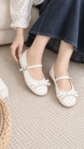 Giày Búp Bê Trắng Chấm Bi, Giày Búp Bê Quai Ngang, Giày Búp Bê Bigsize
