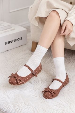 [New Arrivals] Giày Búp Bê Quai Ngang Nâu Chấm Bi Cổ Điển Merly 1658, Giày Búp Bê Big Size 35-43, Giày Búp Bê Mũi Tròn Đế Bám Nền Chống Trơn, Giày Bệt, Giày Chấm Bi