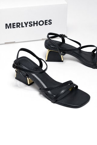 Sandal Quai Mảnh Gót Thấp 5cm Merly 1659 Đen, Sandal Dây, Xăng Đan Dây Gót Vuông, Giày Sandal Cao Gót Bigsize 35-43