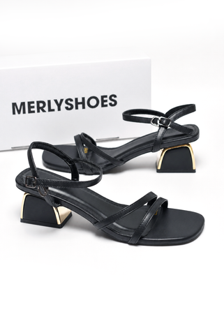 Sandal Quai Mảnh Gót Thấp 5cm Merly 1659 Đen, Sandal Dây, Xăng Đan Dây Gót Vuông, Giày Sandal Cao Gót Bigsize 35-43