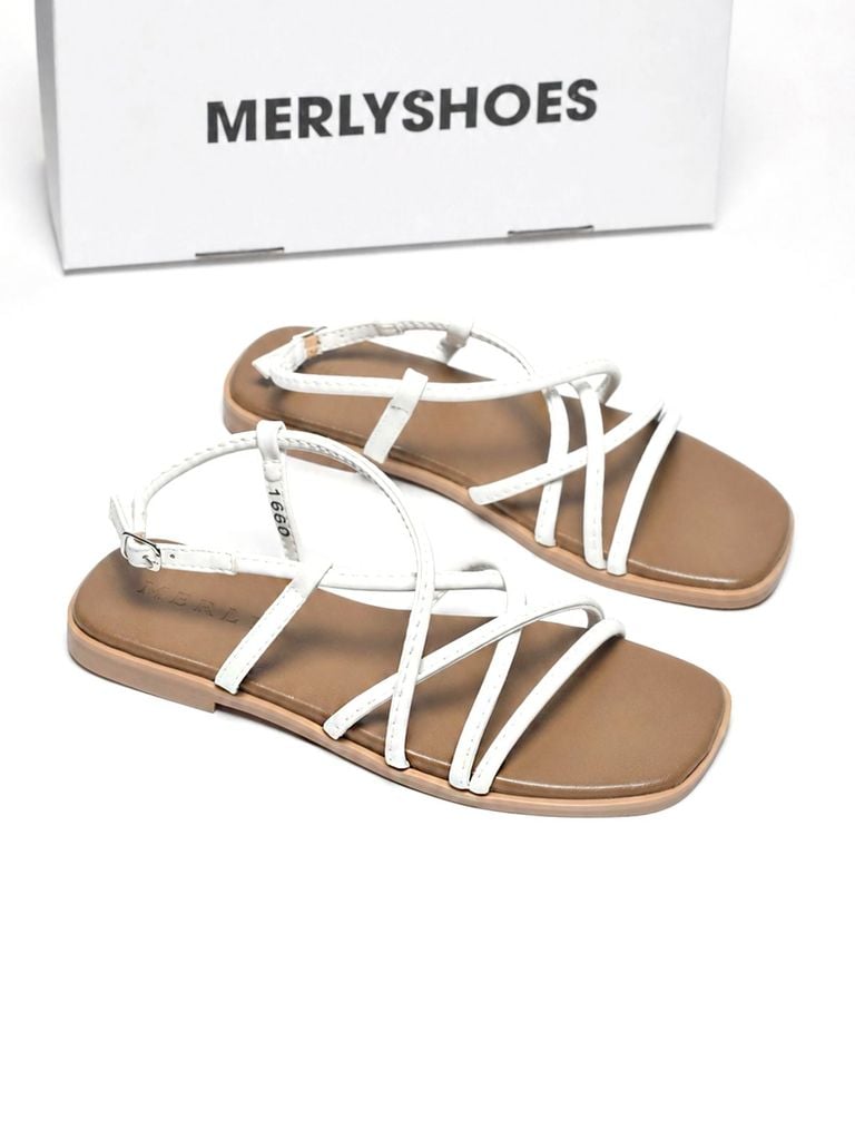 Sandal Dây Mảnh Bệt Merly 1660 Trắng Nâu, Xăng Đan Nữ Cao Cấp Đế Chống Trơn, Dép Sandal Nữ, Giày Sandals Nữ Chính Hãng, Giày Sandal Nữ Big Size Merly