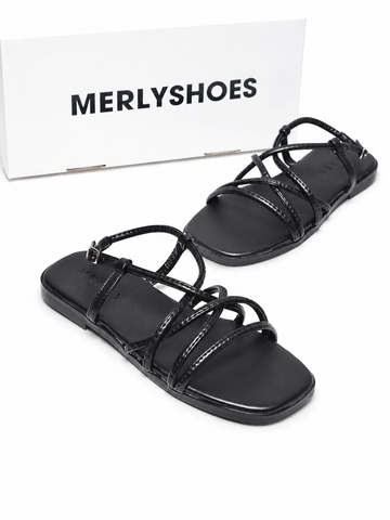 Sandal Dây Mảnh Bệt Merly 1660 Đen Mờ, Xăng Đan Nữ Cao Cấp Đế Chống Trơn, Dép Sandal Nữ, Giày Sandals Nữ Chính Hãng, Giày Sandal Nữ Big Size Merly