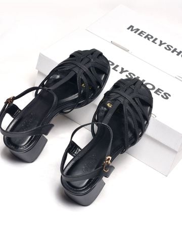 Sandal Nữ Quai Đan Dây Mảnh Gót Vuông 5cm Merly 1661 Đen Huyền – Giày Phong Cách Rọ Hiện Đại, Xăng Đan Big Size 35–43, Sandal Gót Vuông, Giày Sandal Bigsize