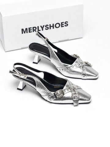 Giày Slingback Mũi Vuông Gót 5cm Merly 1664 Bạc Chrome Bigsize 35-43 Thiết Kế Phối Khóa Mũi Giúp Thọn Mũi Chân, Giày Cao Gót Màu Bạc, Giày Đi Tiệc, Giày Cao Gót 5cm, Giày Nữ Gót Thấp, Giày Công Sở Nữ