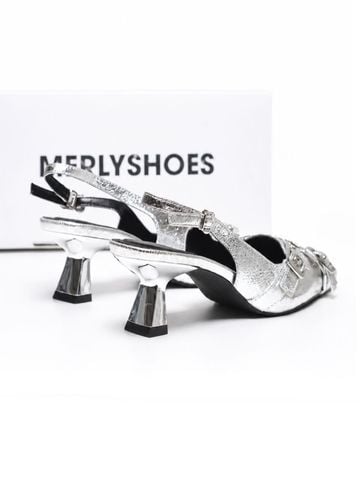 Giày Slingback Mũi Vuông Gót 5cm Merly 1664 Bạc Chrome Bigsize 35-43 Thiết Kế Phối Khóa Mũi Giúp Thọn Mũi Chân, Giày Cao Gót Màu Bạc, Giày Đi Tiệc, Giày Cao Gót 5cm, Giày Nữ Gót Thấp, Giày Công Sở Nữ