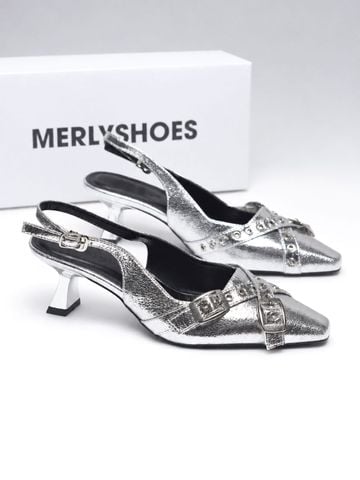Giày Slingback Mũi Vuông Gót 5cm Merly 1664 Bạc Chrome Bigsize 35-43 Thiết Kế Phối Khóa Mũi Giúp Thọn Mũi Chân, Giày Cao Gót Màu Bạc, Giày Đi Tiệc, Giày Cao Gót 5cm, Giày Nữ Gót Thấp, Giày Công Sở Nữ