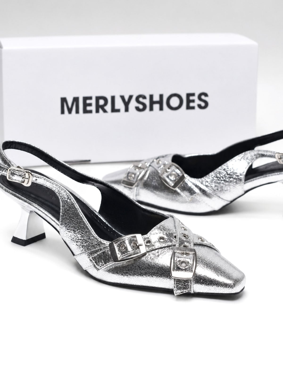 Giày Slingback Mũi Vuông Gót 5cm Merly 1664 Bạc Chrome Bigsize 35-43 Thiết Kế Phối Khóa Mũi Giúp Thọn Mũi Chân, Giày Cao Gót Màu Bạc, Giày Đi Tiệc, Giày Cao Gót 5cm, Giày Nữ Gót Thấp, Giày Công Sở Nữ