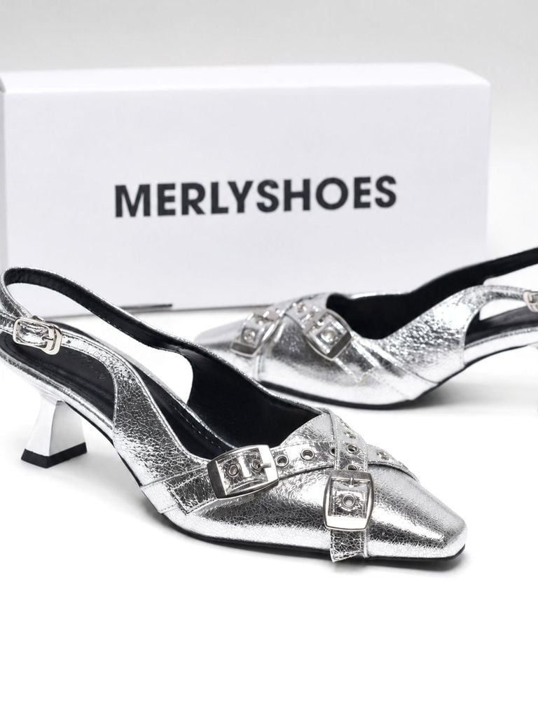 Giày Slingback Mũi Vuông Gót 5cm Merly 1664 Bạc Chrome Bigsize 35-43 Thiết Kế Phối Khóa Mũi Giúp Thọn Mũi Chân, Giày Cao Gót Màu Bạc, Giày Đi Tiệc, Giày Cao Gót 5cm, Giày Nữ Gót Thấp, Giày Công Sở Nữ