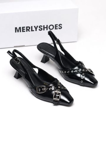 Giày Slingback Mũi Vuông Gót 5cm Merly 1664 Đen Onyx Bigsize 35-43 Thiết Kế Phối Khóa Mũi Giúp Thọn Mũi Chân, Giày Công Sở Nữ, Giày Cao Gót 5cm, Giày Nữ Gót Thấp
