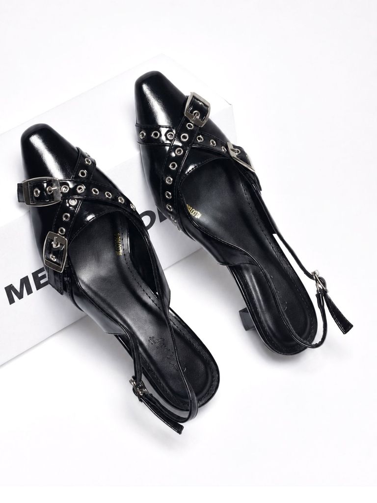 Giày Slingback Mũi Vuông Gót 5cm Merly 1664 Đen Onyx Bigsize 35-43 Thiết Kế Phối Khóa Mũi Giúp Thọn Mũi Chân, Giày Công Sở Nữ, Giày Cao Gót 5cm, Giày Nữ Gót Thấp
