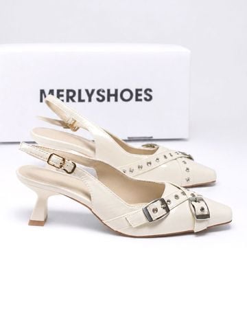 Giày Slingback Mũi Vuông Gót 5cm Merly 1664 Kem Sứ Ivory Bigsize 35-43 Thiết Kế Phối Khóa Mũi Giúp Thọn Mũi Chân, Giày Công Sở Nữ, Giày Cao Gót 5cm, Giày Nữ Gót Thấp, Giày Công Sở Nữ