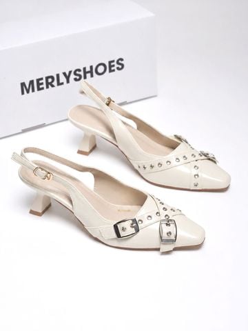 Giày Slingback Mũi Vuông Gót 5cm Merly 1664 Kem Sứ Ivory Bigsize 35-43 Thiết Kế Phối Khóa Mũi Giúp Thọn Mũi Chân, Giày Công Sở Nữ, Giày Cao Gót 5cm, Giày Nữ Gót Thấp, Giày Công Sở Nữ