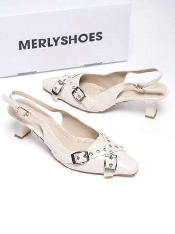 Giày Slingback Mũi Vuông Gót 5cm Merly 1664 Kem Sứ Ivory Bigsize 35-43 Thiết Kế Phối Khóa Mũi Giúp Thọn Mũi Chân, Giày Công Sở Nữ, Giày Cao Gót 5cm, Giày Nữ Gót Thấp, Giày Công Sở Nữ