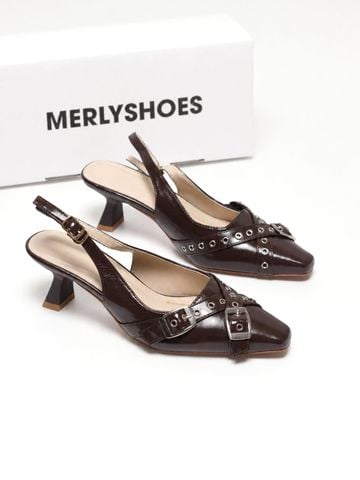 Giày Slingback Mũi Vuông Gót 5cm Merly 1664 Nâu Espresso Bigsize 35-43 Thiết Kế Phối Khóa Mũi Giúp Thọn Mũi Chân, Giày Công Sở Nữ, Giày Cao Gót 5cm, Giày Nữ Gót Thấp, Giày Công Sở Nữ